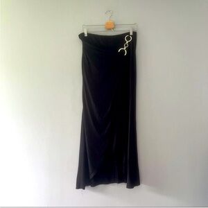 Venus black wrap high waisted cinched ruched knot slit draped maxi skirt coverup
